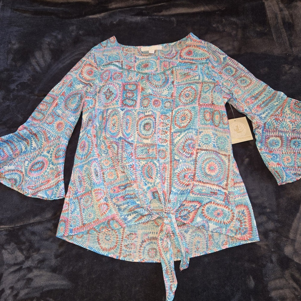 Juniper & Lime Pastel Geometric Boho Tie Front‎ Bell Sleeve Womens Top Small